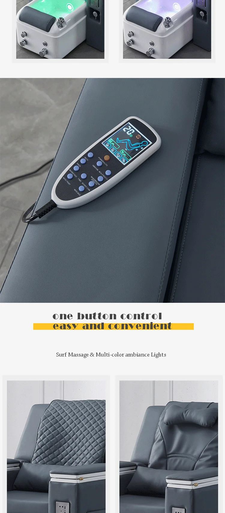 Remote Control Blue Manicure Chair Luxury Nail Spa Salon Equipment Furniture No Plumbing Massage