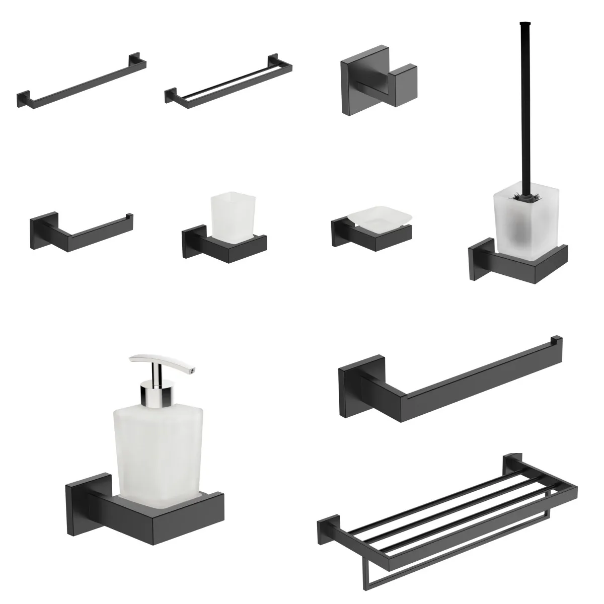New Design Square Black Stainless Steel Bathroom Accessories Set For