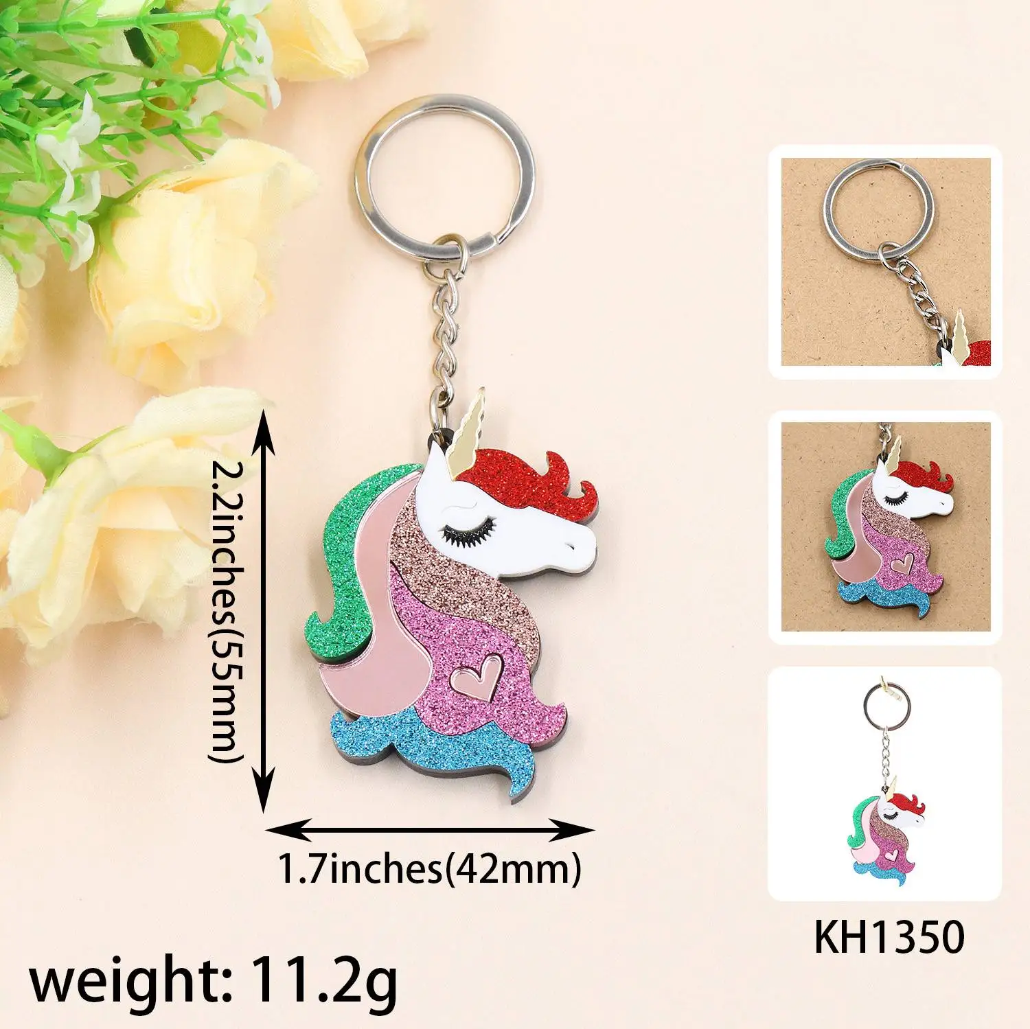 HYLKH1350 Handmade Acrylic Unicorn Brooch Colorful Long Chain Party Car Accessory with UV Printing Gift Keychain details