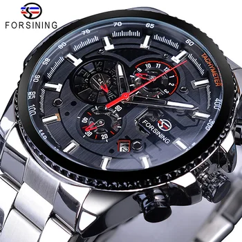 Forsining Three Dial Calendar Stainless Steel Men Mechanical Automatic Wrist Watches Top Brand Luxury  Sport Male Clock