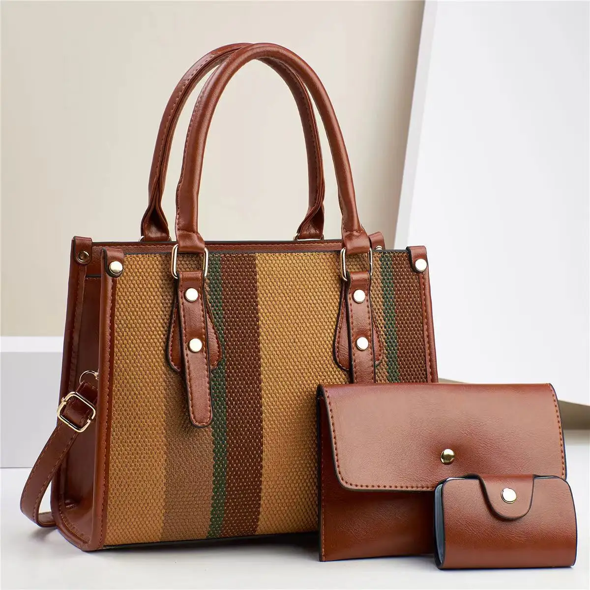 Brown Triangle Flap 3 IN 1 Fashion Modern Stylish Handbag Set TRI Stripe 3Pc Handbag Set - Kess LUXURIOUS Secret main image 2