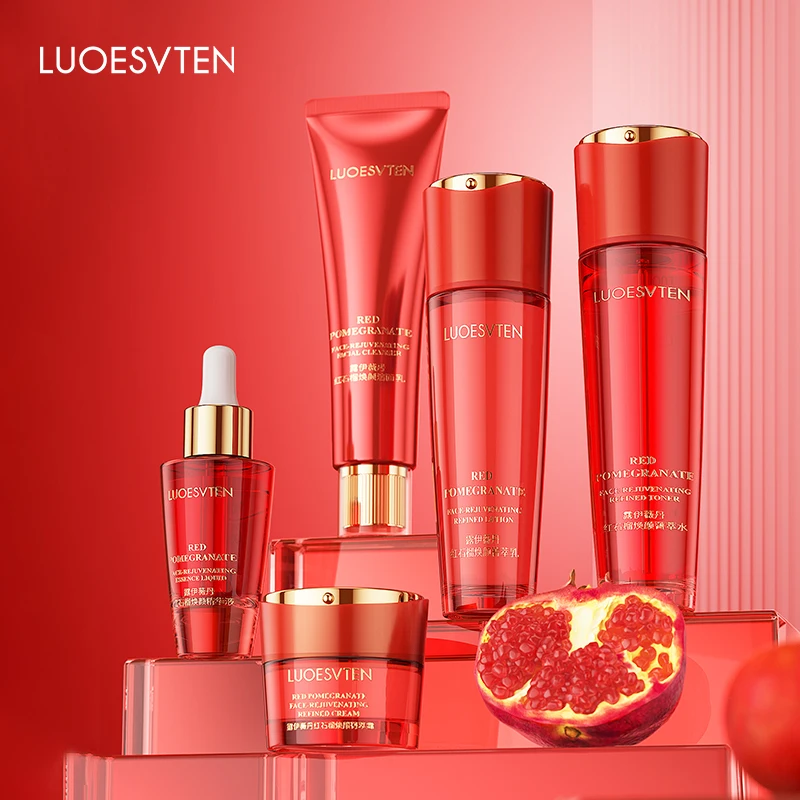 Private Label Skincare Set Pomegranate Radiant Skin Care Kit with Hyaluronic Acid Hydrating and Peptide Anti Wrinkle Ingredients