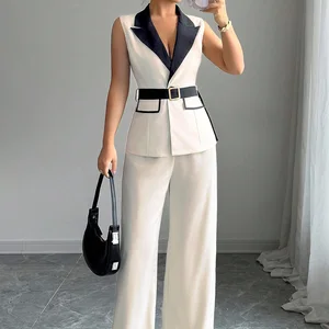 12560 Fashion Casual Ladies Two Pieces Set Women's Elegant Sleeveless Collared Vest and Straight-leg Pants 2-piece Set