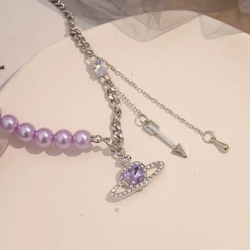 Purple Planet Pearl Patchwork Necklace with Dreamy, Sweet and Cool Temperament Necklace