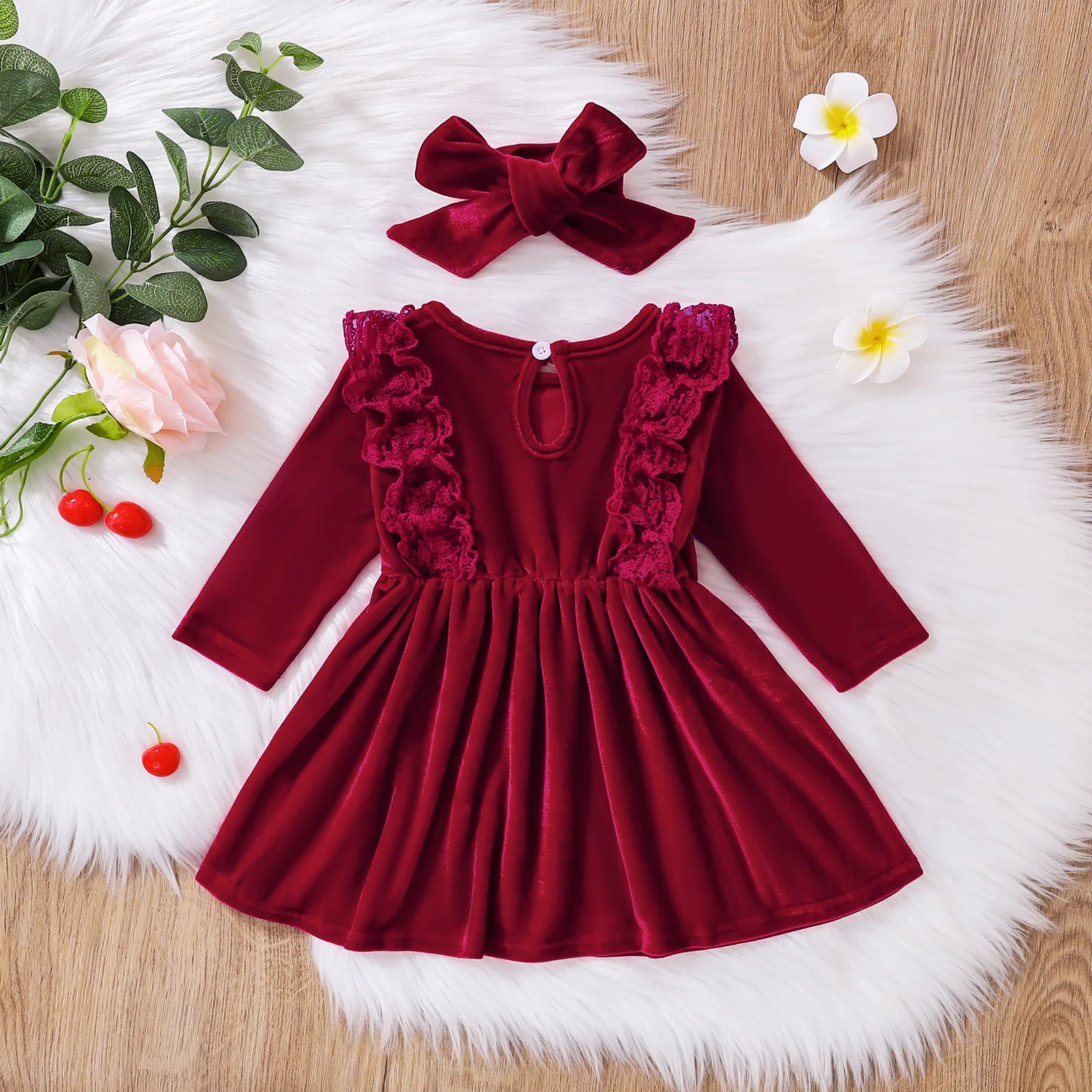 Baby Girls Velvet Dress Toddler Girl Clothes Bowknot Burgundy Dresses ...