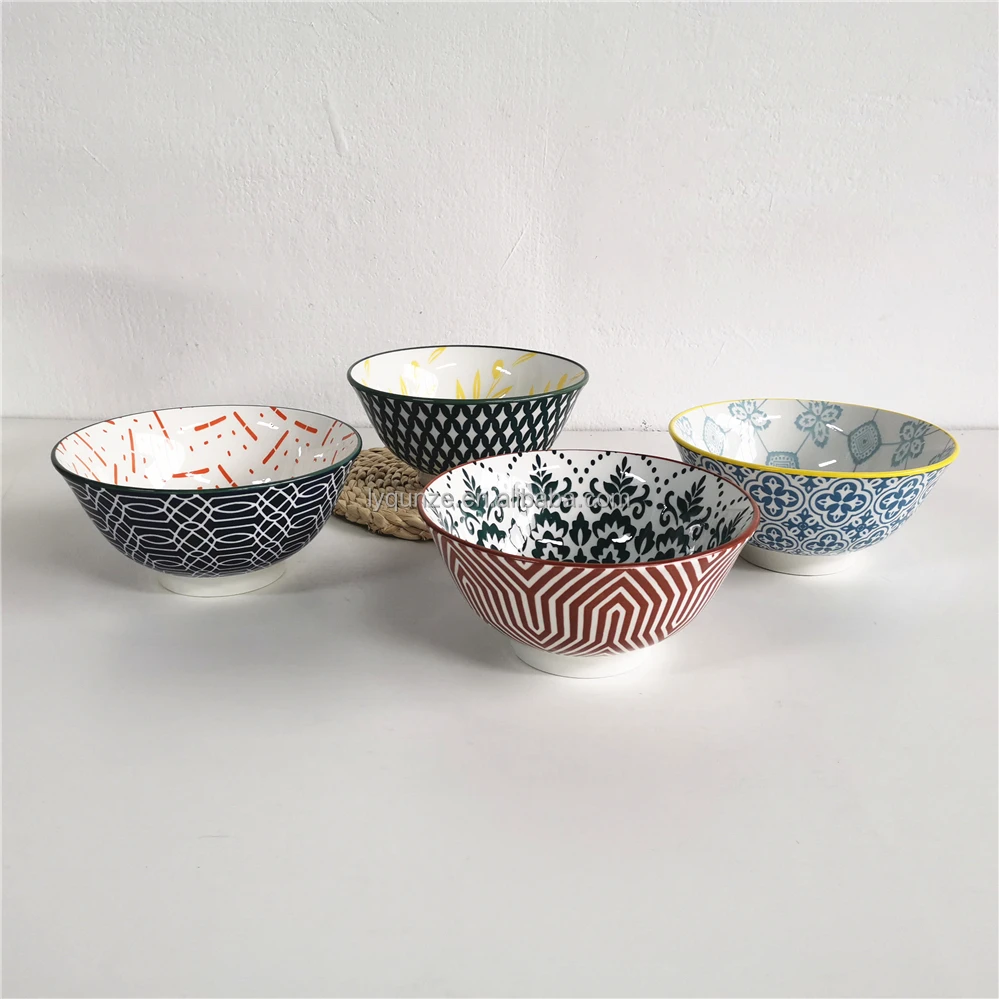 Tigela de Sopa de Cerâmica com Impressão Pad de 6,25 Polegadas, Tigelas  Profundas de Porcelana Moderna Nórdica com Impressão de Flores Azuis, image size:999x999