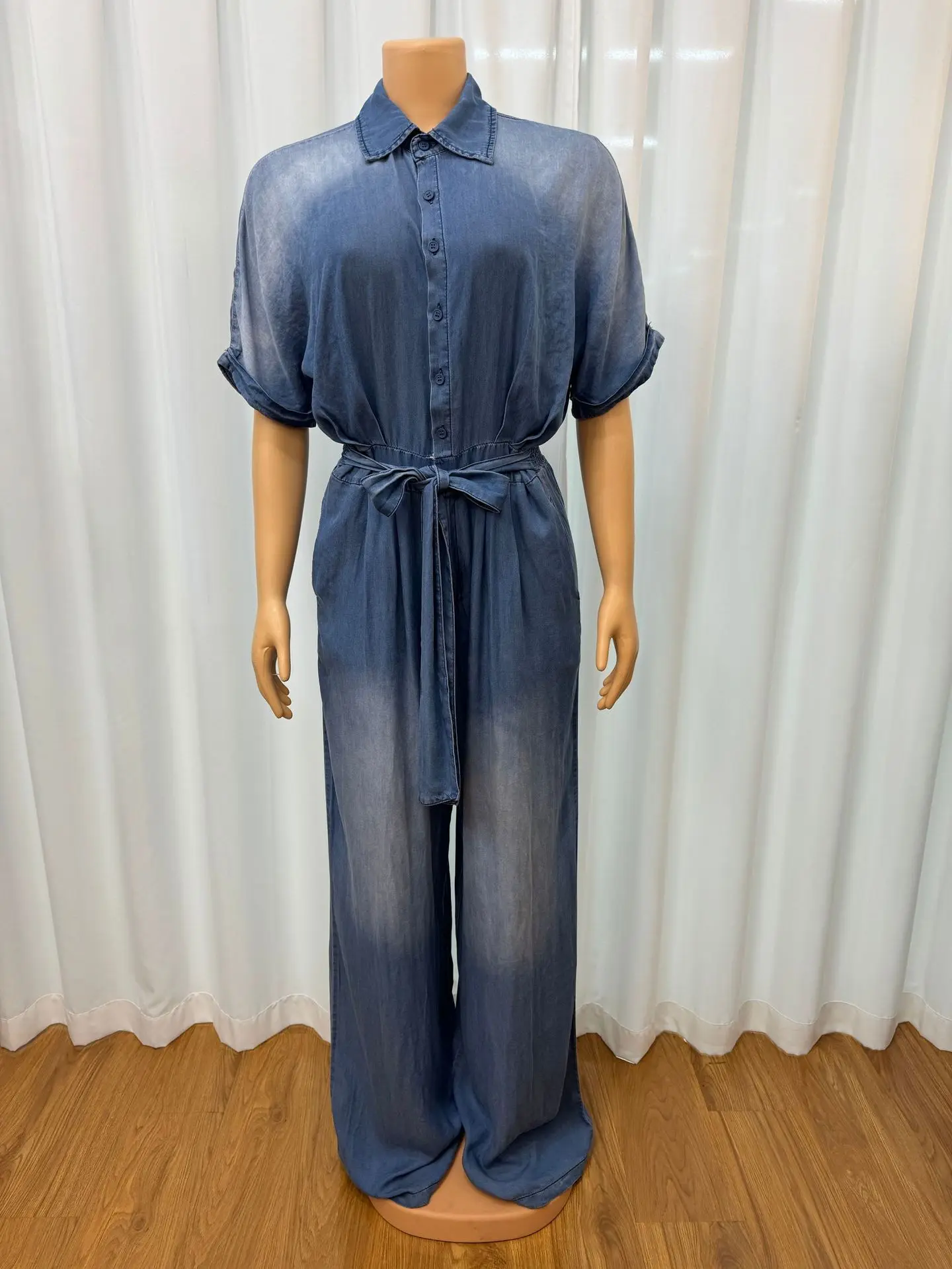 2025 Summer Women Denim Jumpsuit Casual Loose Style Short Sleeve Lace up  Romper Ladies Wide Leg Pants Long Jumpsuit Clothes