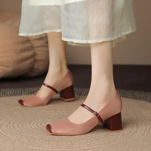 6669-10 Design Pig Nose square Toe Open Back Super High Thick Heel Mary Jane Shoes French Retro Spring Autumn New