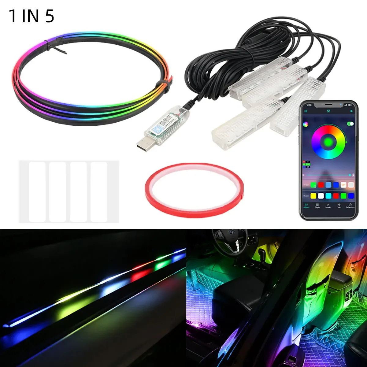 USB Car Foot Symphony Ambient Lighting Kit Interior App Controlled Decorative Atmosphere Light Strip for Car Central Control