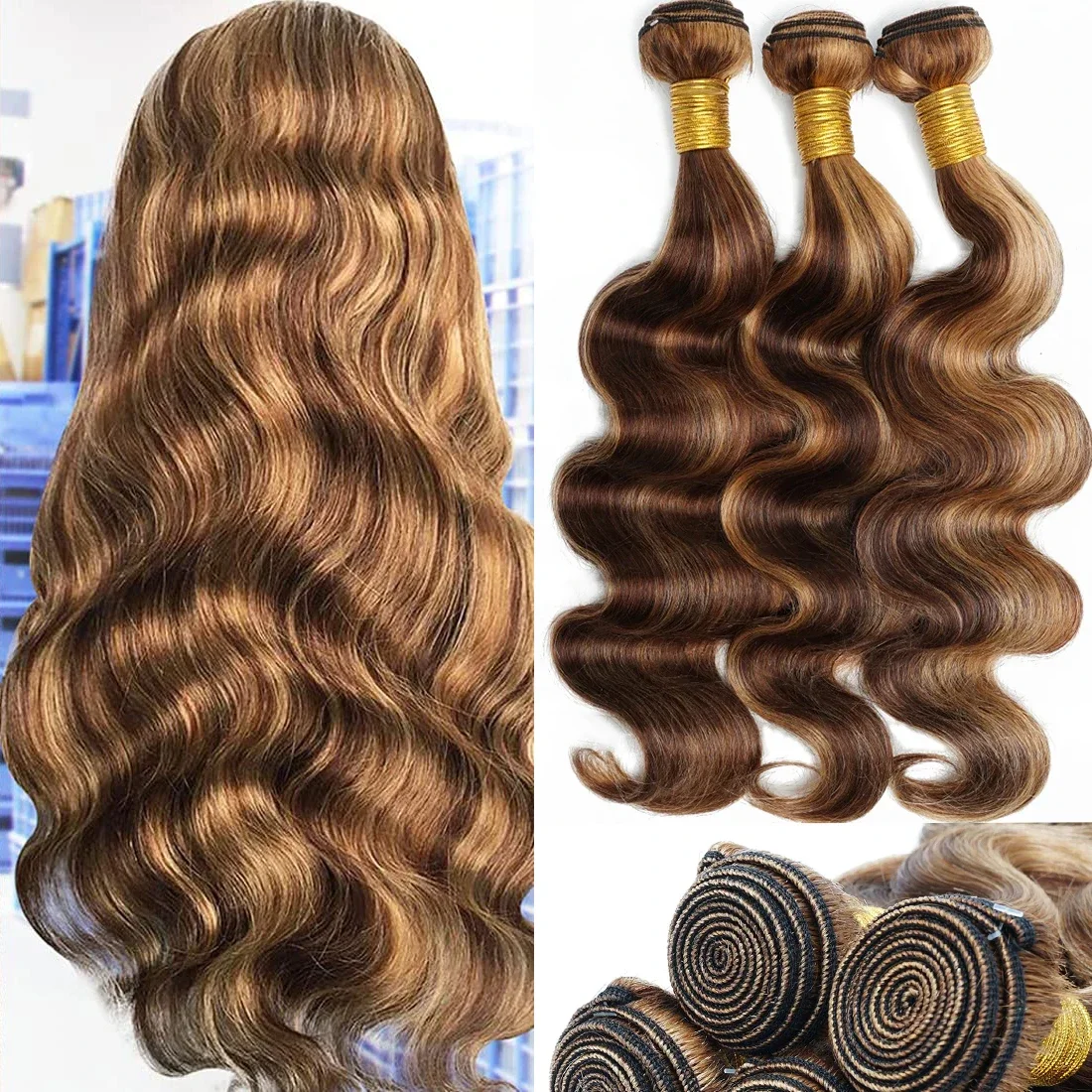 100g bundter af ægte hår, brasiliansk, bølget hår, farvet brunt blond_voghion.com