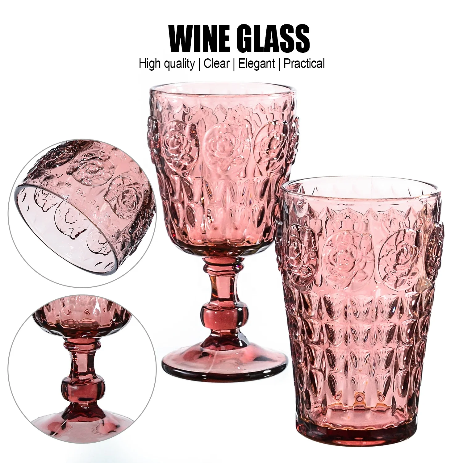 Samyo Wholesale Custom Multi Colored Glassware Vintage Thick Stem Embossed Rose Goblets Glass Engraved Wine Glasses