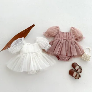 2025 Spring Summer Babys Solid White pink Long-sleeve  Gauze  Romper