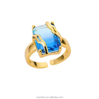 Classic Big Blue Crystal Rhinestone Stone Rings Jewelry Women 18K Gold Plated Square Geometric CZ Ring