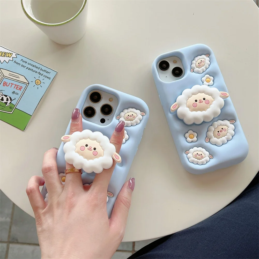 Kawaii Sheep Design Soft Silicone Shockproof Protective Cover with Holder for Women Girls for iPhone 16 Pro Max Cute Phone Case