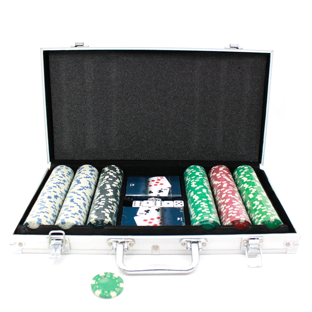 العادة 300 pieces casino poker chips 2 playing cards 5 dice case set