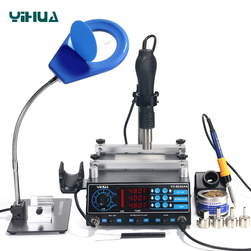 YIHUA 853AAA 3 in 1 Digital SMD Soldering Desoldering Hot air Gun Preheat BGA Rework Soldering Station