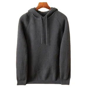 100% Cashmere Fabric Men's Solid Color Fashionable Casual Loose Thick Hooded Knitted Sweater for Winter