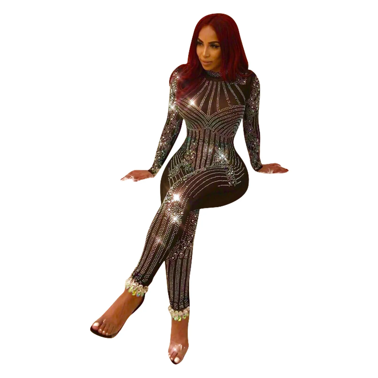 2022 Fashion Sexy Bodycon Sheer Evening Club Party Birthday Jumpsuit Women Mesh Rhinestone 