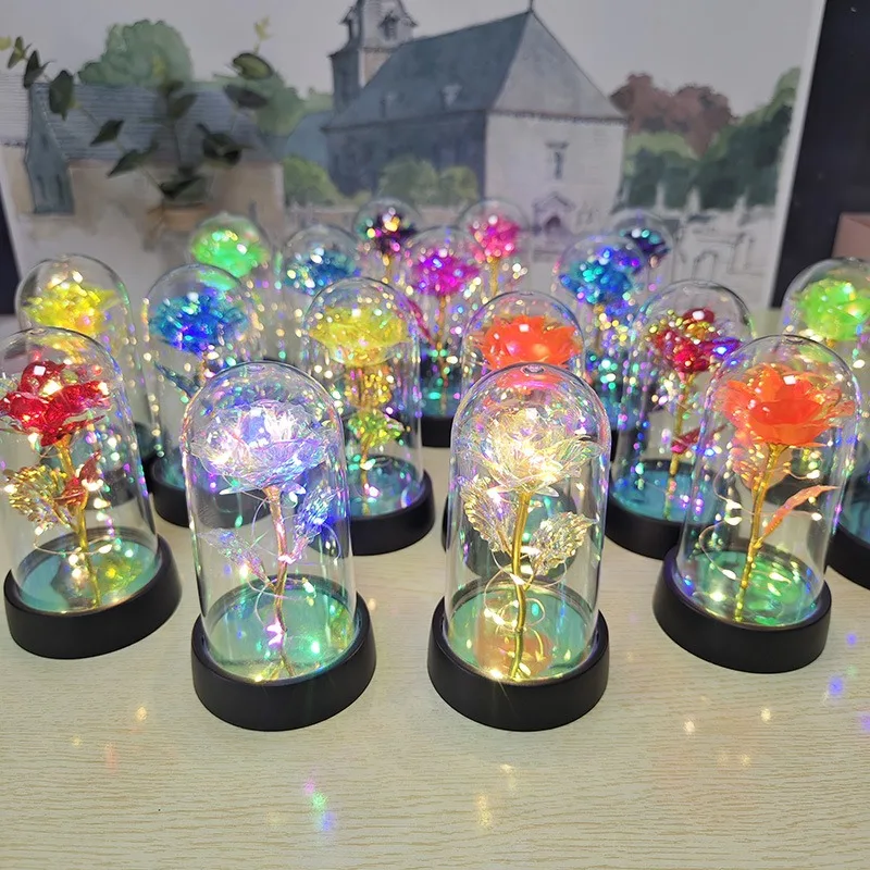 24k Gold Rose Flower Light String in Acrylic Dome for Valentine's Mother's Day Led Galaxy Rose in Plastic Dome