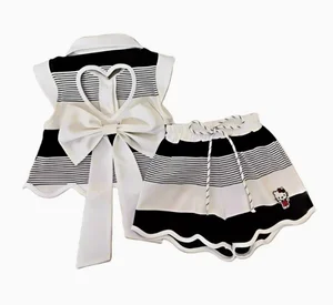 Girls Korean-style Sleeveless Summer New Arrival 2026 Striped Lapel Vest Top Shorts Children Casual Two-Piece Polyester Fiber