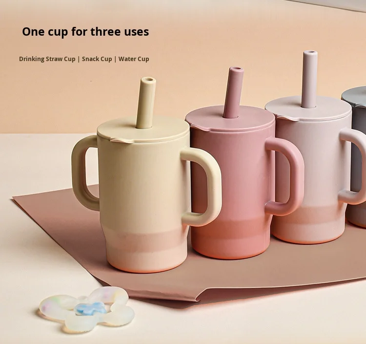 American Style Anti-Scalding Silicone Straw Cup Double-Ear Drop-Resistant High-Temperature-Resistant Snack Cup for Baby Learning supplier