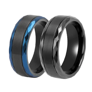 8mm Faceted Edge Men's Black Ceramic Ring Stainless Steel Wedding Black Zirconium Jewelry