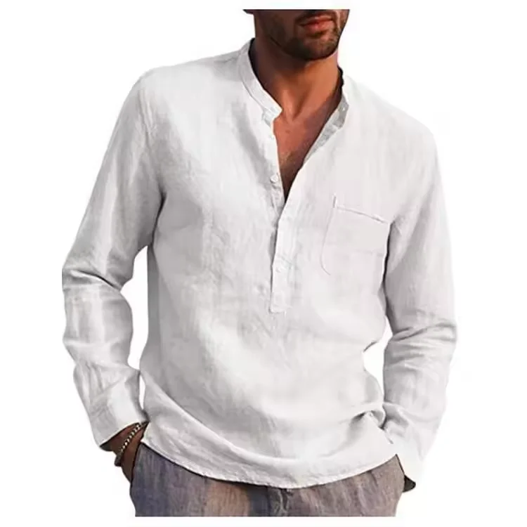 Men's Long Sleeve V-neck Casual Beach Linen Shirt