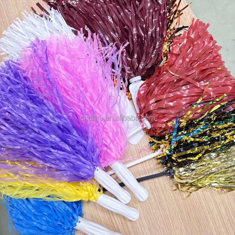 Custom Logo Flat Handle Cheer Leading Team Foil Pompoms Tissue Metallic Tinsel Cheerleading Pom Poms