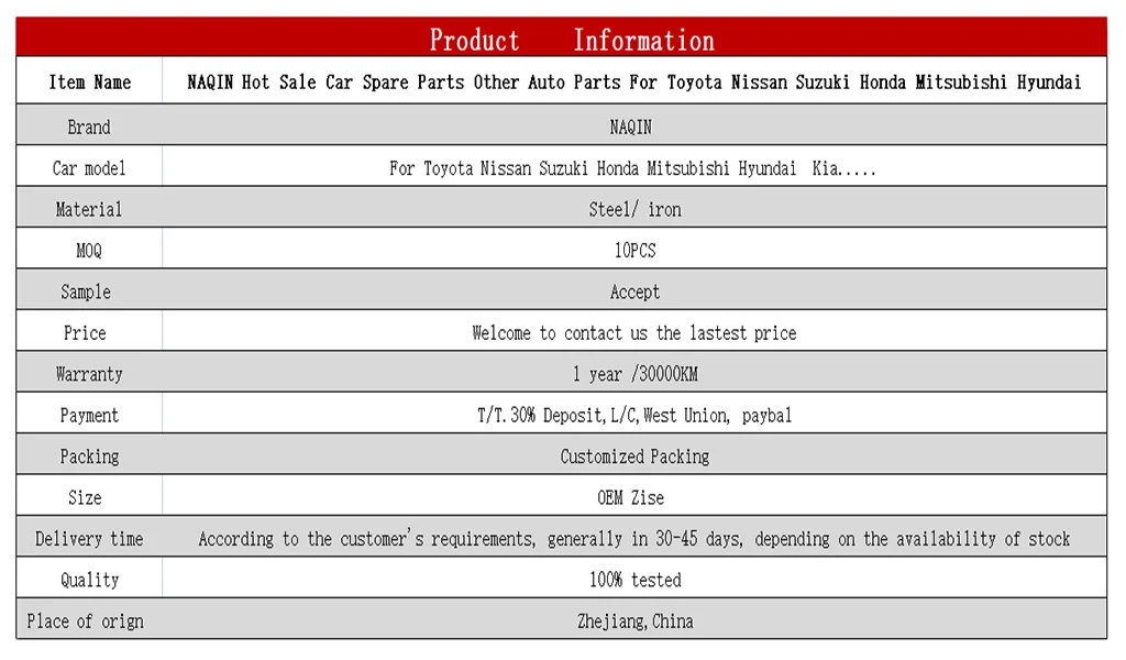 NAQIN Hot Sale Car Spare Parts for Toyota, Nissan, Suzuki