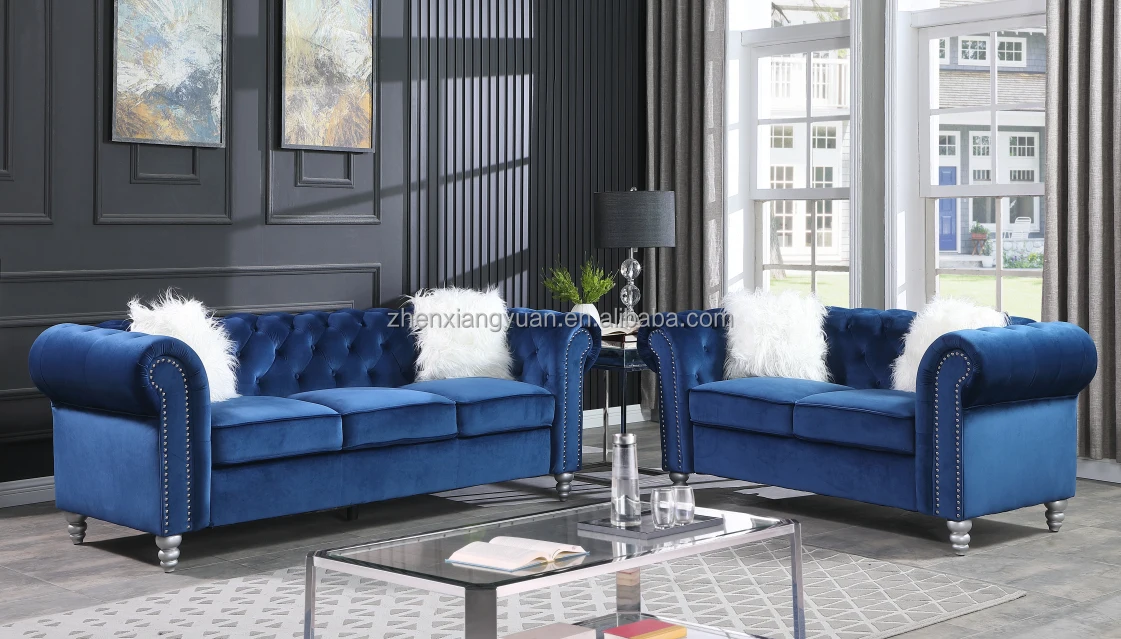 Factory  Hot Selling  Classic Chesterfield Sofa Button Tufted  Velvet Polyester Blue Chesterfield Sofa-Y3511