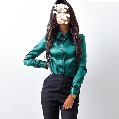 Women Blouse Elegant Wine red Green Satin Shirt Turn Down Collar Long Sleeve Female Formal Office OL Blouse Women Tops Autumn Alibaba