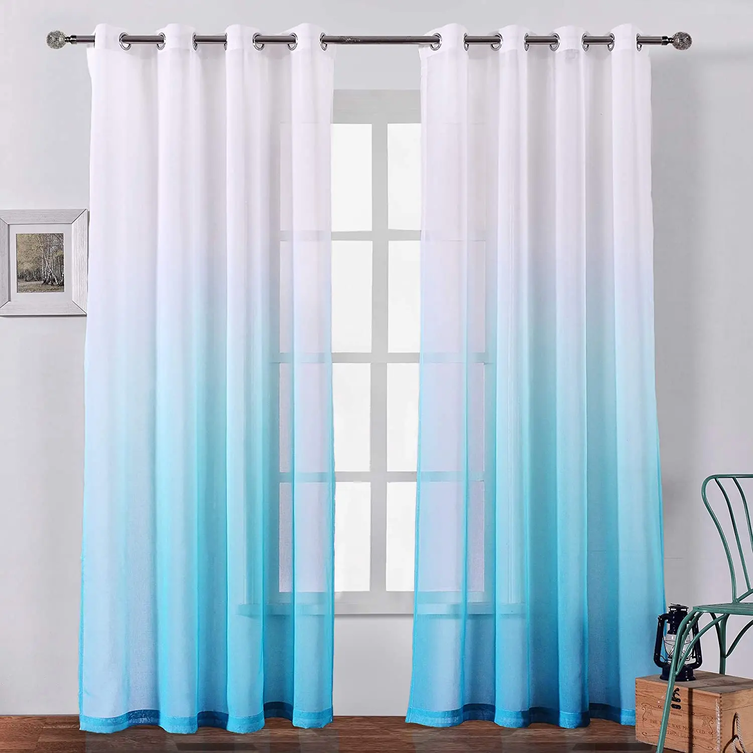 Ombre Curtains Teal White Sheer Window Curtain Panel 2 Faux Linen