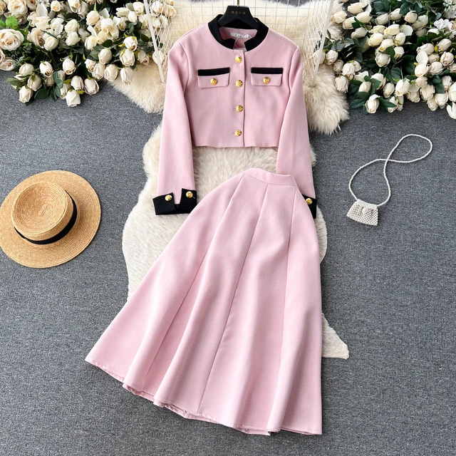 LE2102 Mingyuan Xiaoxiang Style Metal Breasted Round Neck Suit Jacket Women'S Two-Piece Set Of High-Waisted Slimming Skirt