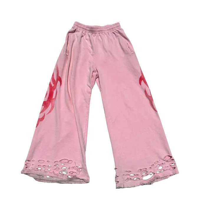 Salati Casual Nylon High Quality Oversized Wide Leg Acid Wash Stacked Flared Baggy Sweatpants Oversized Hem Hole Distress Pants gallery 3