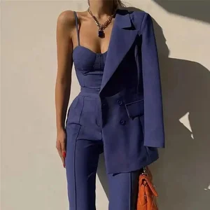 Dali Ladies Blazer Women Autumn Casual 3-Piece Set Camisole Loose Pants Solid Color Suit with Slit