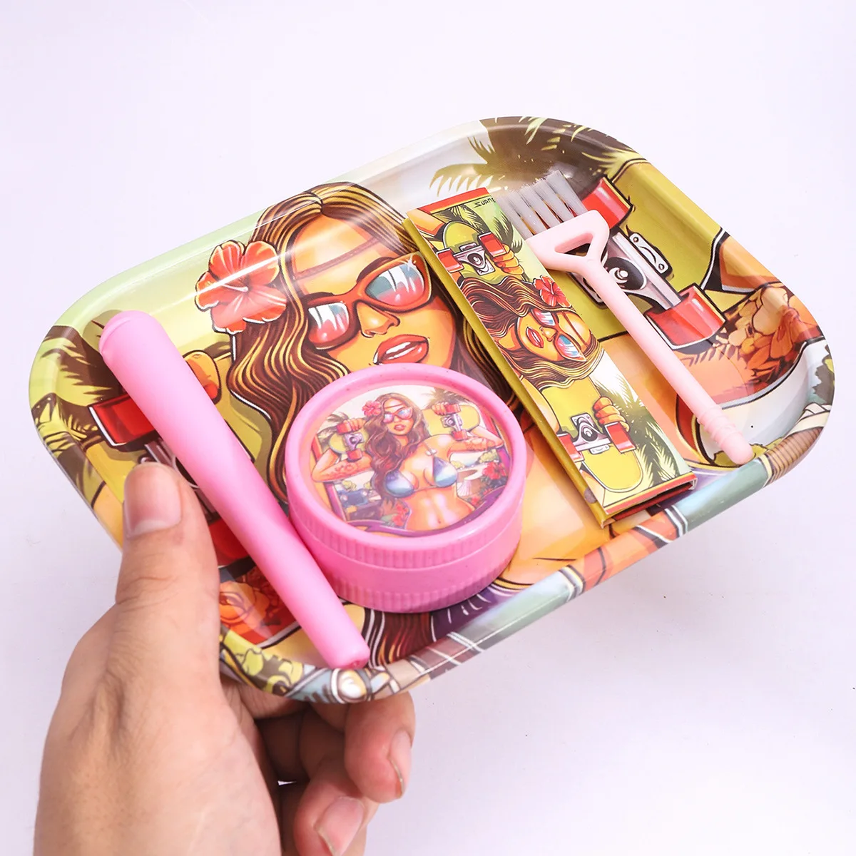 5-Piece Set of Multi-Element Trays and Smoking Accessories Multiple Colors and Optional Plastic Grinders Pink Conical Tubes