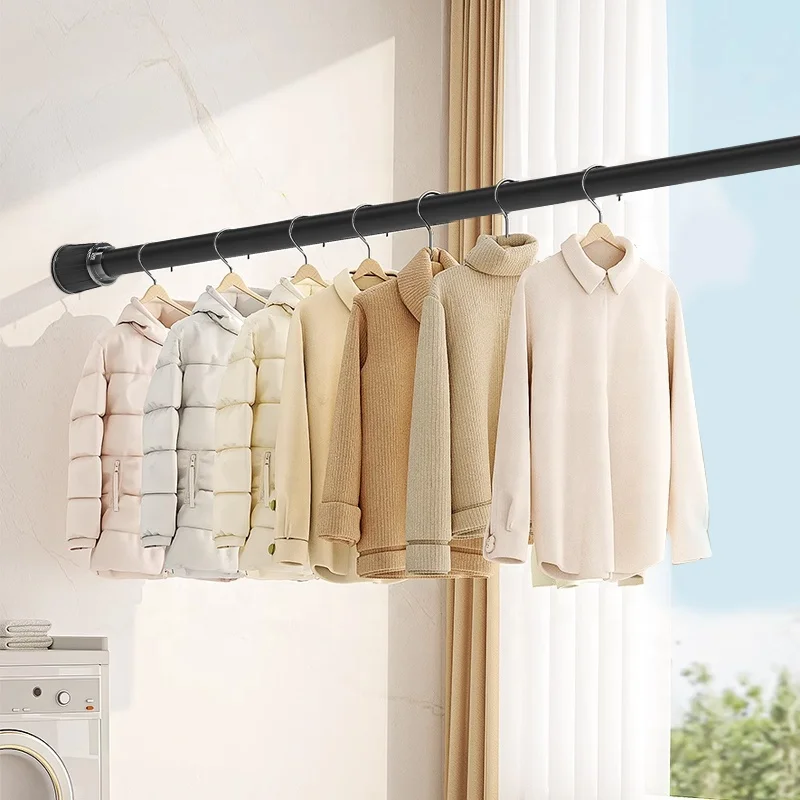 No Drill Extendable Metal Curtain Rod Curtain Simple Pole Adjustable Window  Black Heavy Duty Closet Rod