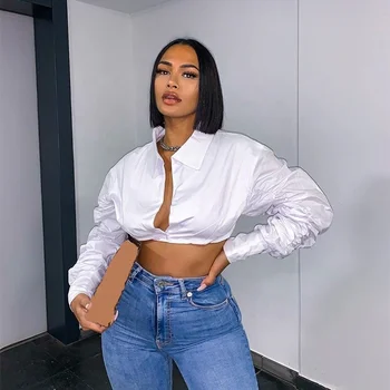 latest long stacked sleeve crop tops white color shirt women fashion design lady blouse 2022