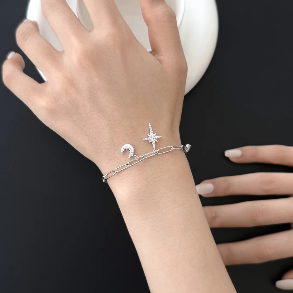 KAKODIY Exquisite Eight Point Star and Moon Chain Bracelet Adjustable Chain Shiny Cubic Zirconia Exquisite Women's Bracelet detail 8