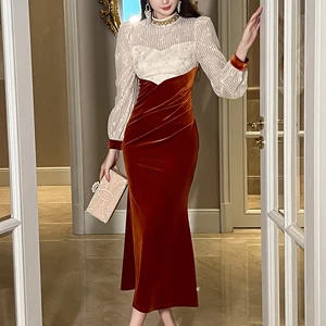 ZYHT 21541 Wholesale Crew Neck High Waist Casual Dresses Elegant Lace Velvet Mermaid Hem Ruched Long Sleeve Dresses for Women