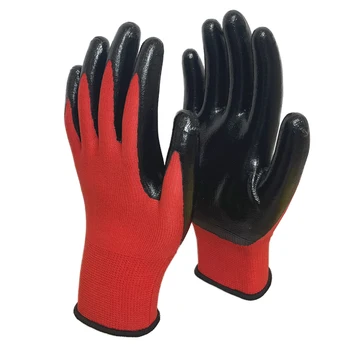 Black Wrinkle Red Polyester Nitrile Gloves Anti Slip Cut Resistant Industrial 13 gauge Coated Safety Working Gloves