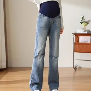 European and American Style High-quality Spring and Summer Pregnant Women Soft Jeans Washed Straight Leg Pants