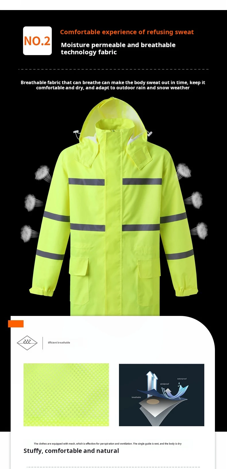 High visibility waterproof breathable reflective safety raincoat long rain jacket warning security m
