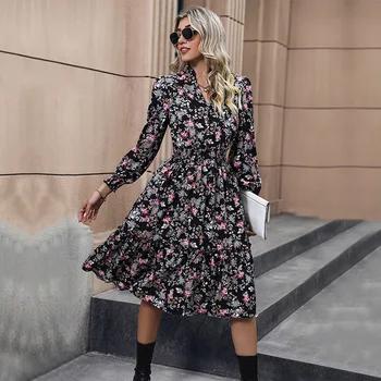 Amazon wholesale 2024 spring new European and American women's long sleeve floral dress lady girl clothing