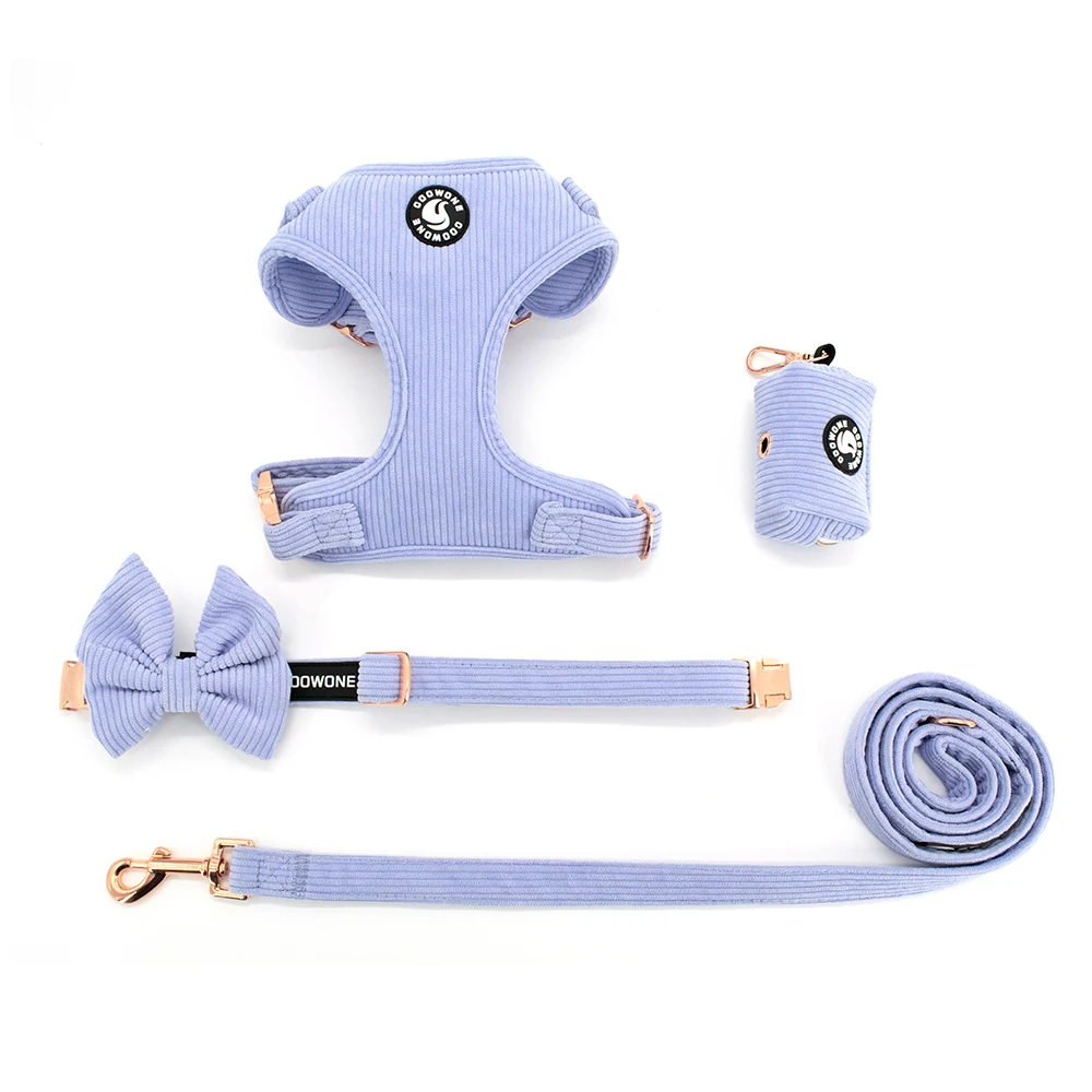 Dog Herness Luxury Dog Harness With Match Leash Corduroy Dog Collar Poop Bag Bow Tie For Walking