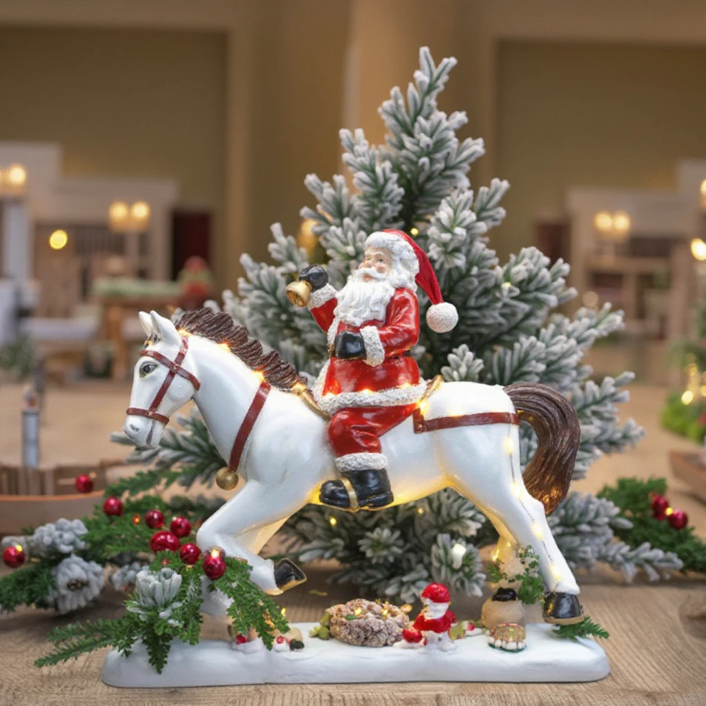 Led Light Hand Painting Craft Santa on Rocking Horse with Figurine Moving Resin Sculpture Battery Operated for Christmas Decor