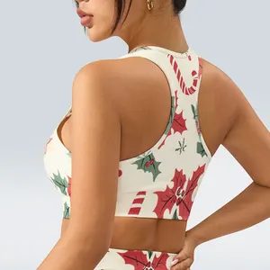 Yoga Sports Bra Seamless Breathable Square Neck Maple Leaf Printed  High Support Top  for Active Wear