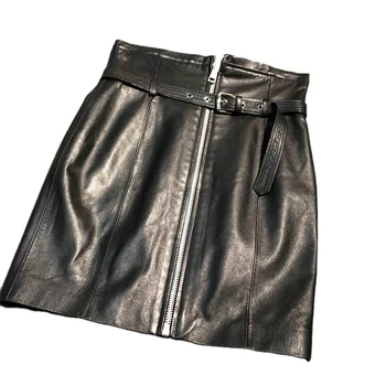 Custom Made Women High Waist Soft Real Sheep Skin Short Sexy Mini Black Leather Skirt with Zippers