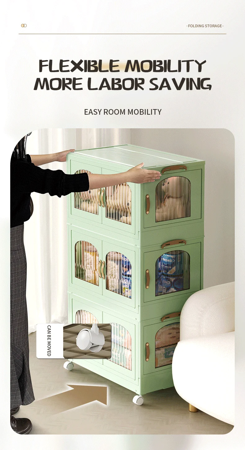 Three-Door Modern Design Foldable XL Plastic Storage Cabinet with Pulley Handle for Packaging & Toy Storage