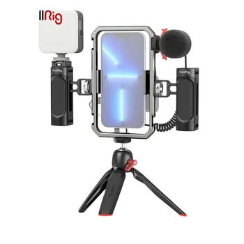 SmallRig Universal Video Kit for iPhone SmartPhone Vlogging and Live Streaming Cage Set with Microphone Light Tripod Side